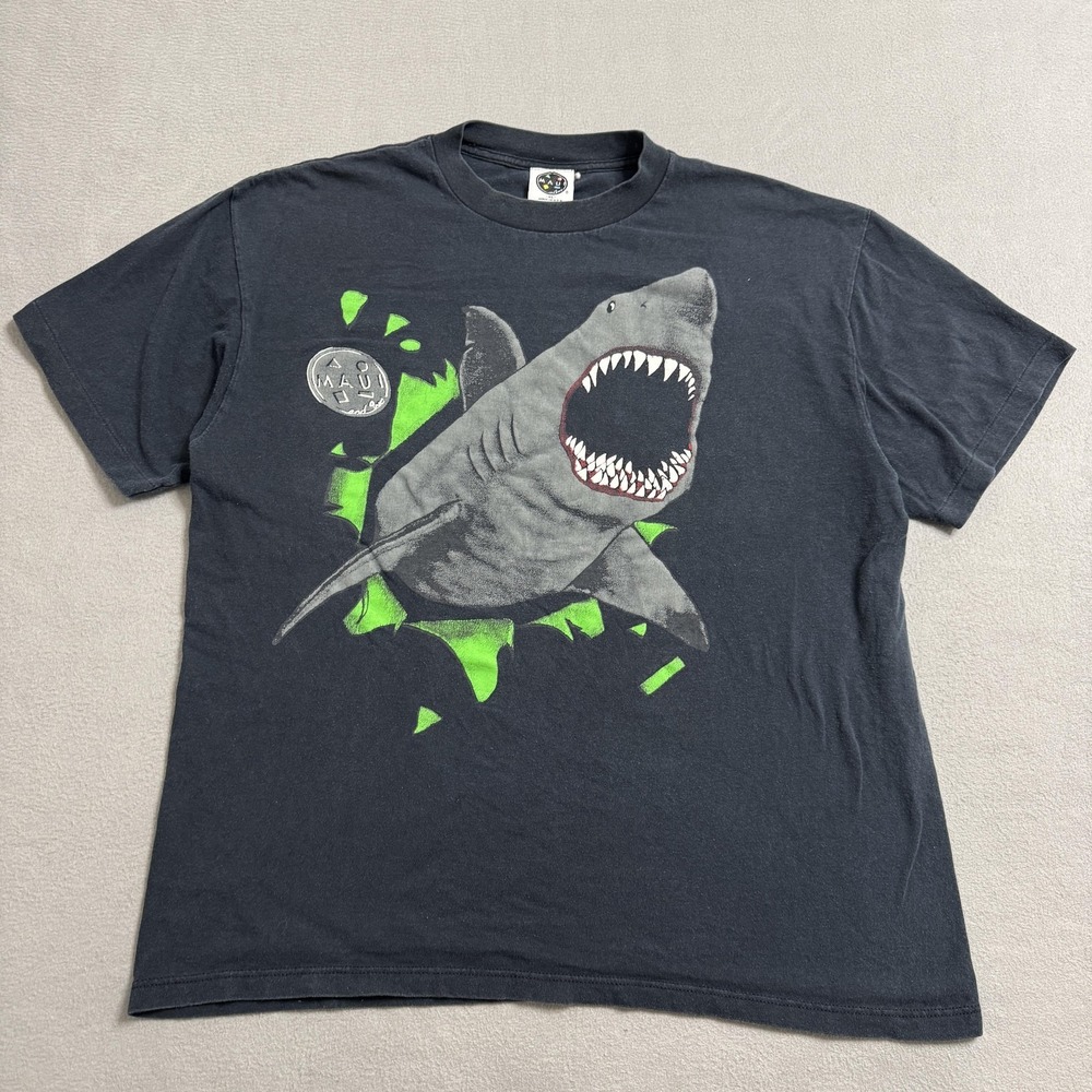 VTG Maui And‎ Sons Shirt Mens XL Black Shark Neon Graphic Made USA 80s Surf Tee